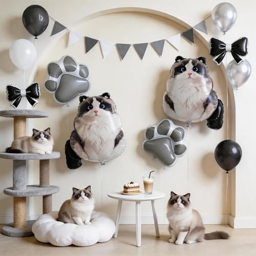 Birman Cat Foil Balloons Set - Cat Paw & Sitting Cat Decorations