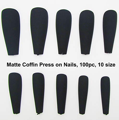 LoveOurHome 100pcs Matte Black Long Coffin Press-On Nails with Case