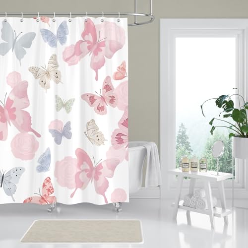 Romantic Butterfly Shower Curtain - Soft Pastel Waterproof 72x72