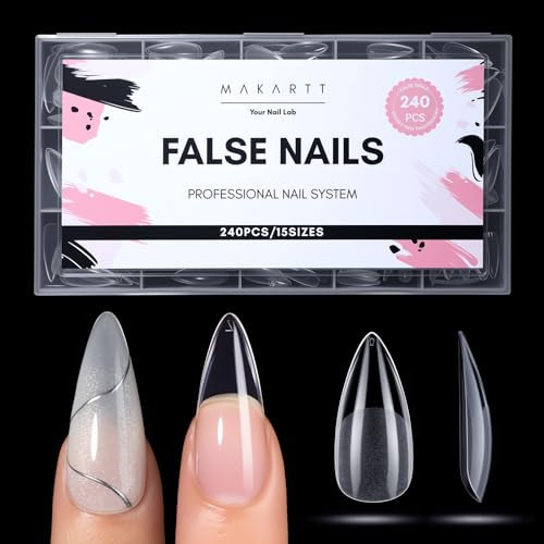 Makartt Long Medium Sharp Almond Nail Tips - Clear Full Cover Fake Nails, 15 Sizes, 240PCS