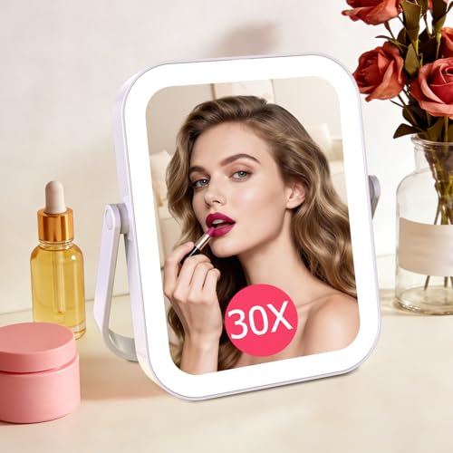 FUNTOUCH 30X/1X LED Travel Makeup Mirror, Rechargeable Lighted Mirror