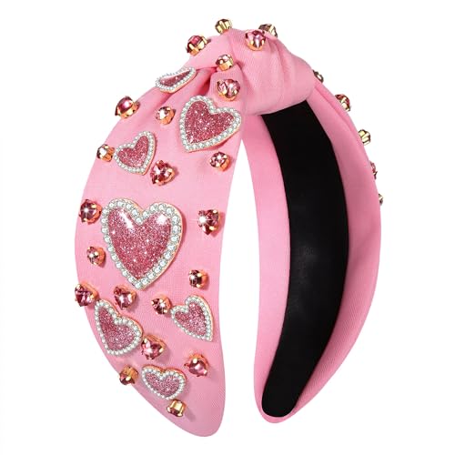 MOLOCH Pink Glitter Heart Knotted Headband - Beaded Rhinestone Hair Accessory
