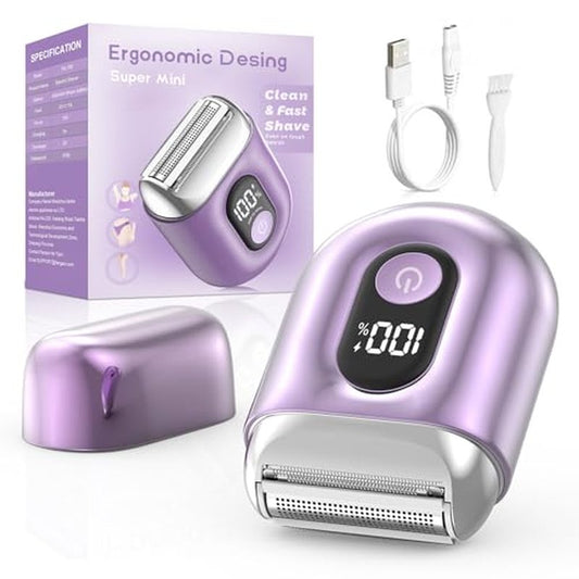 Cordless Electric Shaver for Women: Mini Electric Razors with LED Display - Rechargeable Bikini Trimmer -Beginner IPX7 Waterproof Wet Dry Face Razor for Body Pubic Leg (Light Purple)
