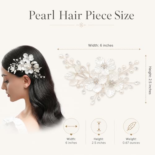 CASOLVX White Pearl Flower Bridal Hair Clip with Rhinestone Silver Leaves