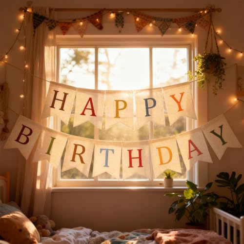 Boho Happy Birthday Burlap Banner - Pre-Assembled Rustic Decor