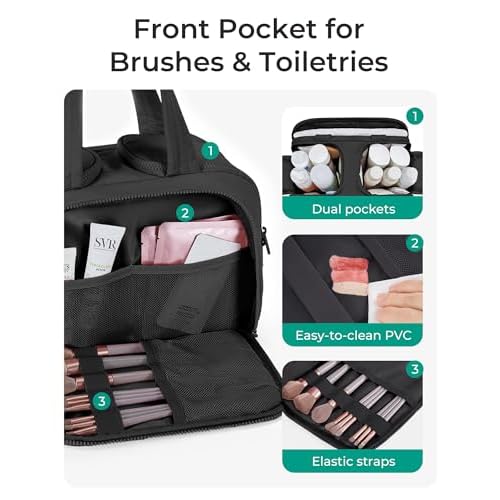 BAGSMART Travel Toiletry Bag, Lightweight Large Wide-open Travel Bag for Women, Puffy Cosmetic Makeup Bag Organizer with Handle for Accessories,Essentials, Toiletries, Black