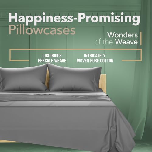 Organic Cotton Pillow Cases Set of 2 - Cooling Percale Weave, Dark Grey