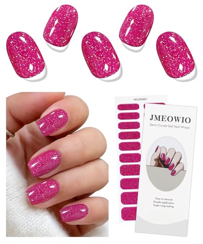 JMEOWIO Pink Glitter Semi Cured Gel Nail Art Stickers - 20 Strips