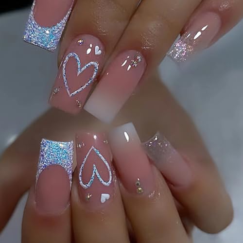 Medium Length French Tip Press-On Nails with Blue Glitter & Rhinestones - 24pcs