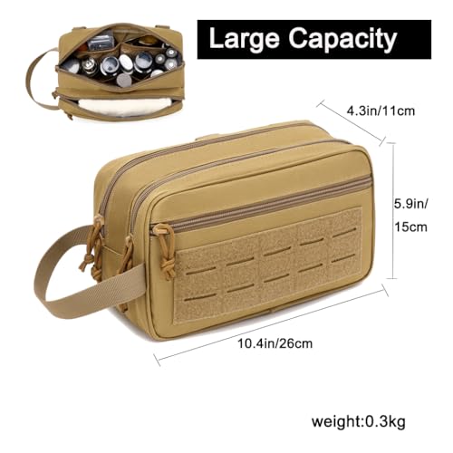 Khaki Tactical Toiletry Bag for Men – MOLLE Dopp Kit with Wet/Dry Separation