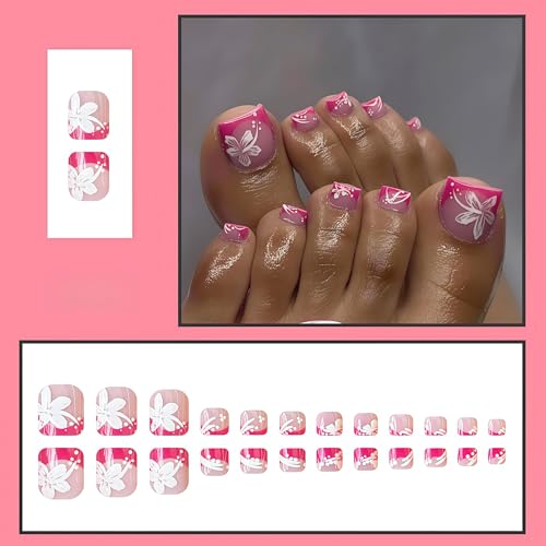 Sxidrosck White Hibiscus Fake Toenails - Pink French Tips, Short Square, Reusable Summer Floral Acrylic Toe Nails for Women