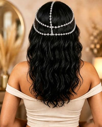 Yalice Silver Layered Head Chain with Rhinestones - Adjustable Bridal Hair Jewelry