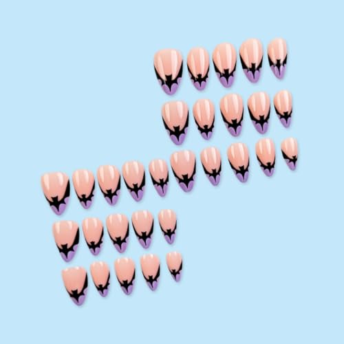 Halloween Design 13 Short French Tip Fake Nails with Glue - Black Bat Nude Acrylic Manicure Tips for Women DIY Party & Holiday, 24Pcs