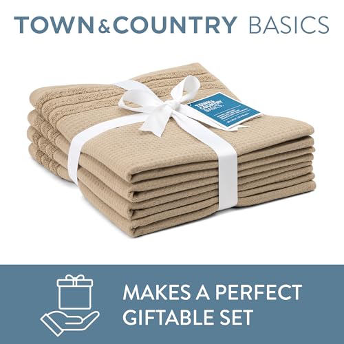 Taupe 4-Piece Cotton Waffle Woven Terry Stripe Washcloth Set, 13x13"
