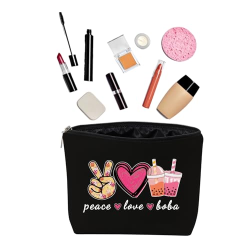 Peace Love Boba Canvas Cosmetic Bag - Cute Bubble Tea Makeup Pouch