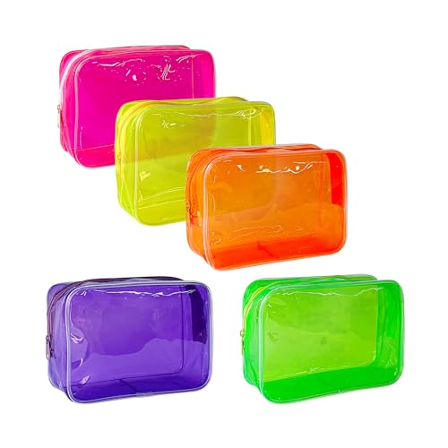 TotePrint 5-Piece Clear Makeup Bag Set with Zipper, Waterproof Travel Pouches in Pink/Yellow/Green/Purple/Orange