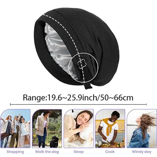 6LK Black Satin Lined Bonnet Sleep Cap for Curly Hair & Braids