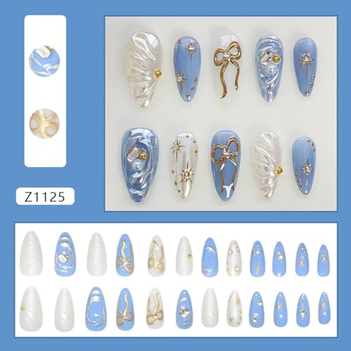 NBNTGH Blue White Press On Nails with Gold Star Design - Reusable Fake Almond Manicure Kit for Women & Girls, 24 Pcs