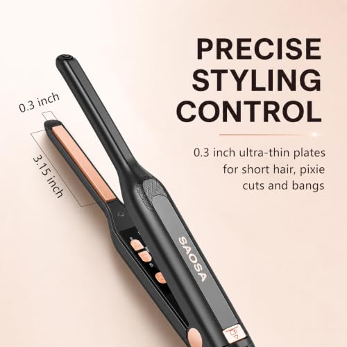 SAOSA Mini Pencil Flat Iron for Short Hair - Rose Gold Hair Straightener & Curler with 9 Temp Settings