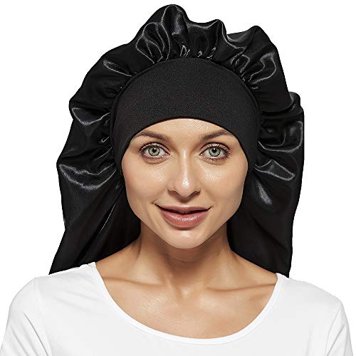 Wbfwbb Black Flower & Leaf Satin Bonnet Set for Long Hair, 3 Pcs