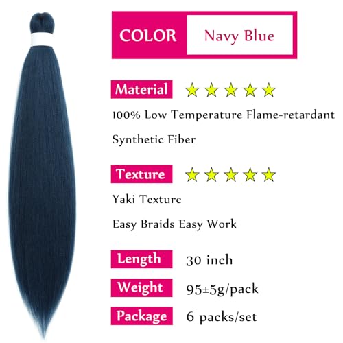 Navy Blue Pre-Stretched Braiding Hair - 30 Inch, Pack of 6 Bundles