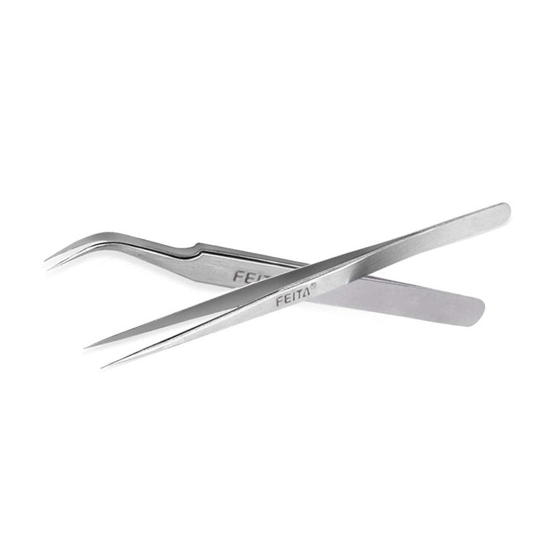 Best Eyelash Extension Tweezer Set - FEITA Pro Straight & Curved Pointy Precision Fine Tip Tweezers for Lash Extensions - Silver - 2Pcs