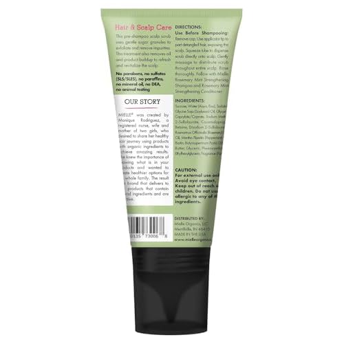 Mielle Organics Rosemary & Mint Sugar Exfoliating Scalp Scrub - Gentle Pre-Shampoo Dry Scalp Treatment for Oil & Product Buildup - Biotin Infused Non-Drying, Moisturizing Formula (6 Fl Oz)