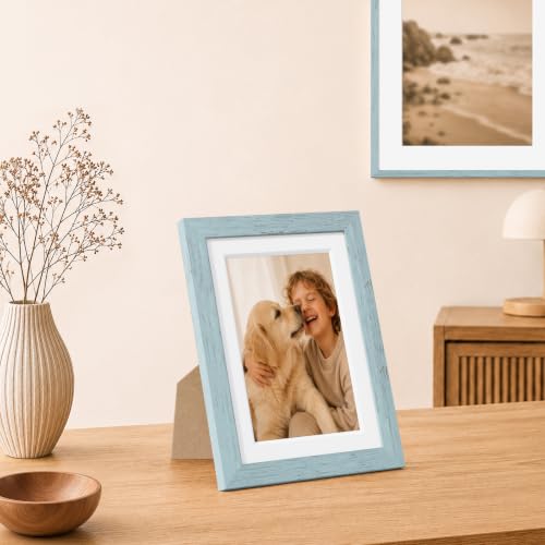 Vittanly Solid Wood 5x7 Picture Frame with Double Mat - Rustic Blue