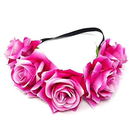 Rose Flower Crown Elastic Headband - Dark Pink Floral Garland