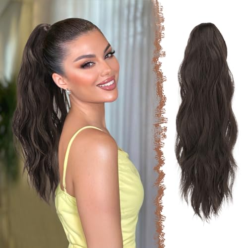 FESHFEN 20-Inch Wavy Claw Clip-in Ponytail Extension - Dark Brown