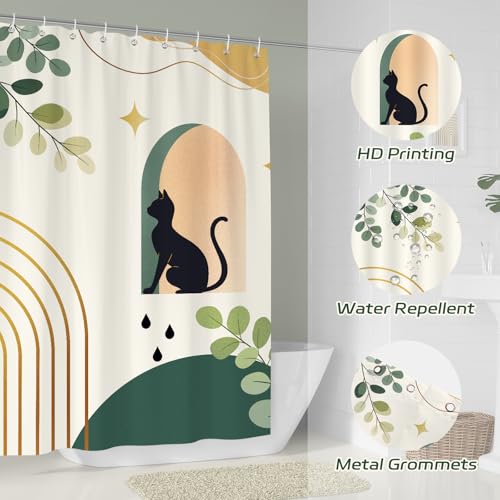 Dazzlewall Boho Black Cat Shower Curtain - 72x72 in, Water-Resistant
