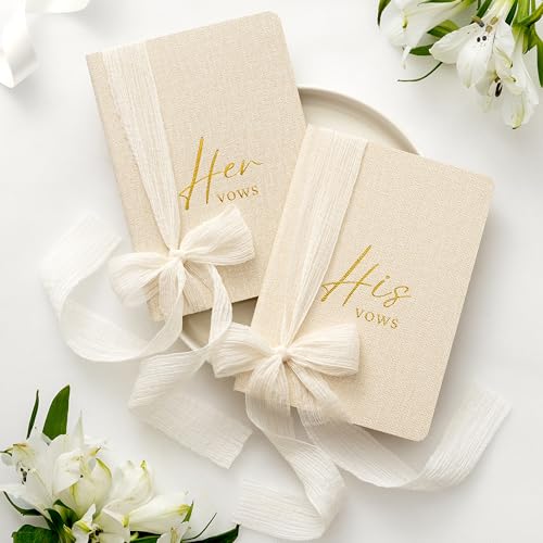 Elegant Wedding Vow Books Set for Bride and Groom - Softcover with Linen Fabric and Ribbon Closure