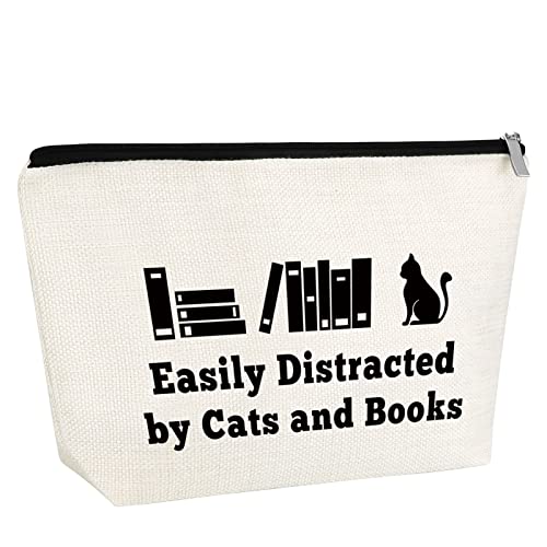 Easily Distracted by Cats and Books Makeup Bag - Cat & Book Lover Gift, Travel Cosmetic Pouch for Women