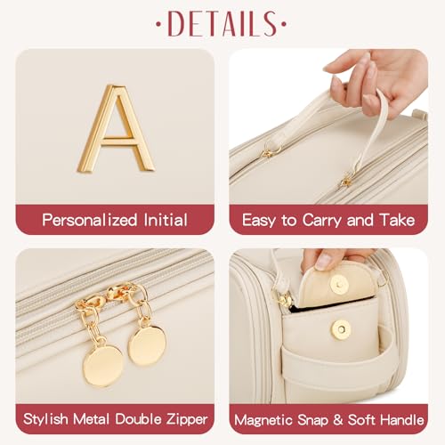 Personalized Beige Makeup Bag with Initial - Travel Toiletry Organizer