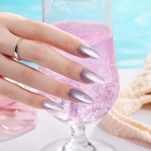 VSALON Sky Glow Medium Almond Press On Nails - Lilac Cat Eye, High-Shine Gel Finish, Reusable for Daily & Special Occasions