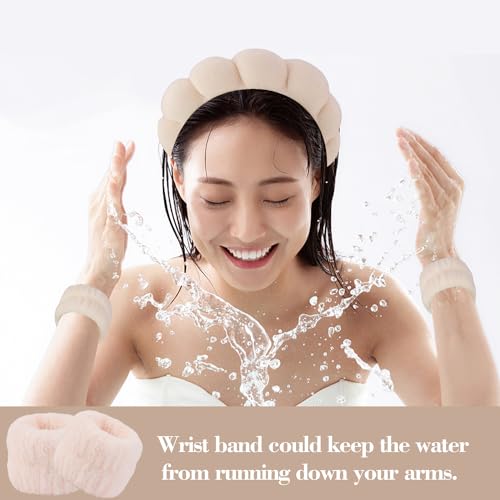 SuPoo 6pcs Khaki Spa Headband & Wristband Set - Soft Microfiber Face & Makeup Headbands