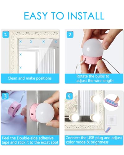 Hollywood-Style LED Vanity Lights for Makeup - Adjustable Brightness & Colors, Pink