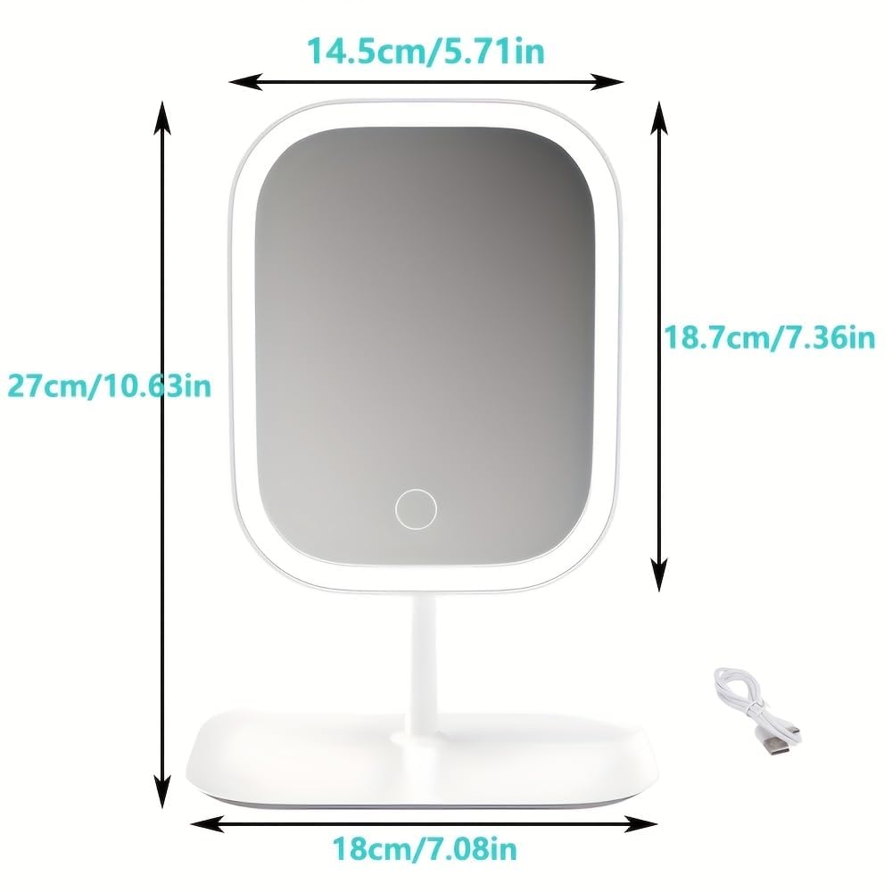 LED Vanity Mirror with Lights, 3 Light Settings Touch Control Dimmable Makeup Mirror, USB Rechargeable Portable Travel Mirror with Rotating Stand, Desktop Cosmetic Accessory for Home Dorm Desk, White