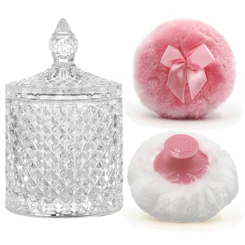 Luxury 4.2 Inch Glass Powder Container with 2 Plush Puffs - Pink Handle & Bow