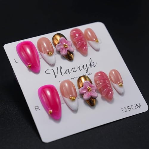 Medium Almond Press On Nails - Rose Gold 3D Flower & Gold Foil - 10PCS