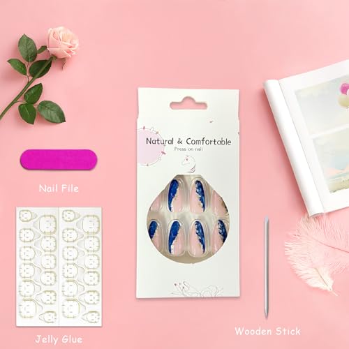 Blue Marble Gold Foil Press On Nails - Medium Almond Shape, 24 Pcs