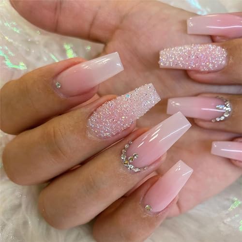 Pink Rhinestone Press On Nails - 24pcs Long Square Coffin Set