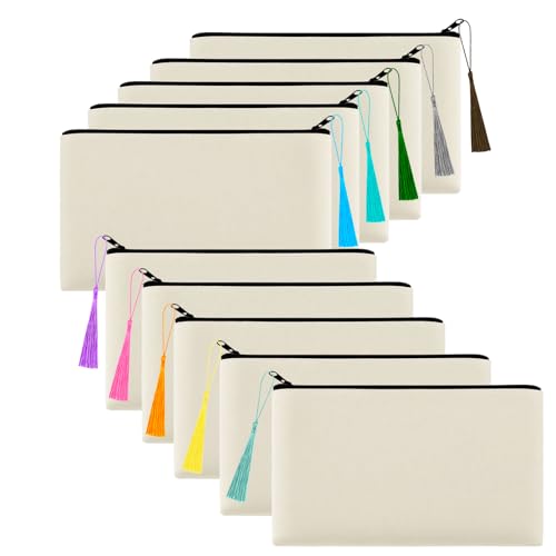 Beige Canvas Makeup Bag with Colorful Tassels - 10 Pack