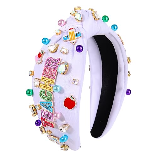 NVENF Teacher Knotted Headband with Crystals, Pearls, and School Elements