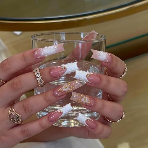 Press On Nails - Long Square Acrylic Kit with 3D Flowers & Gold Charms