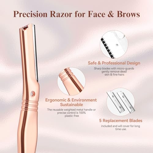 Eyebrow Razor for Women and Men, Face Razors for Women, Dermaplane Razor with Protective Silicone Cover, Reusable Metal Handle with 6 Refill Blades, Skin Care Tool - Rose Gold