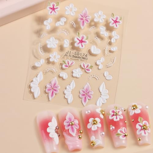 5D Embossed Flower Nail Stickers - Pink & White Floral Decals