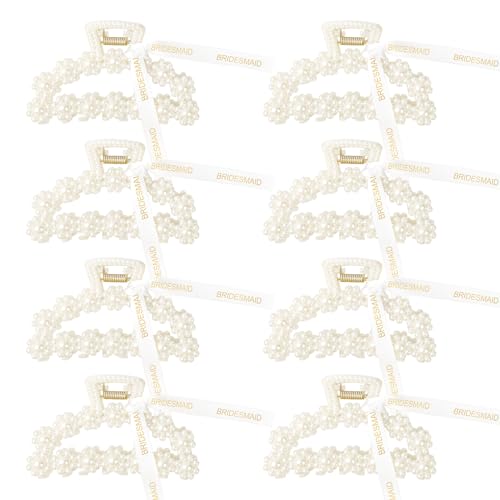 DEEKA 3.7 Inch Pack of 8 Pearl Bridesmaid Hair Claw Clips with Ribbon - Half Circle Bridal Party Favors