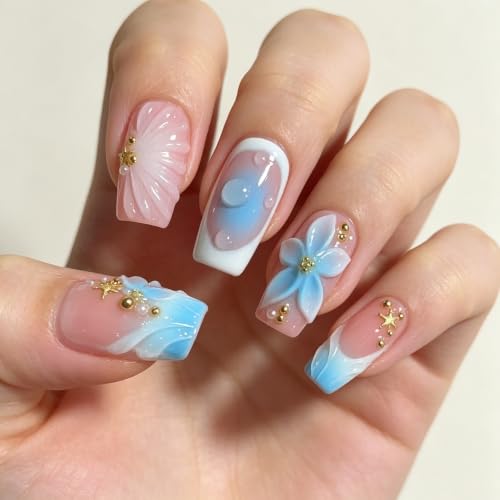 Medium Square Press on Nails with 3D Shell & Starfish Decor - M Size