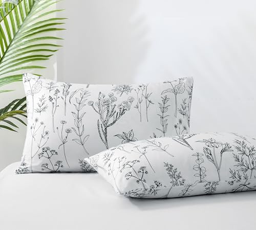 Queen Size Pillow Cases Set of 2 - Black & White Plant Patterns